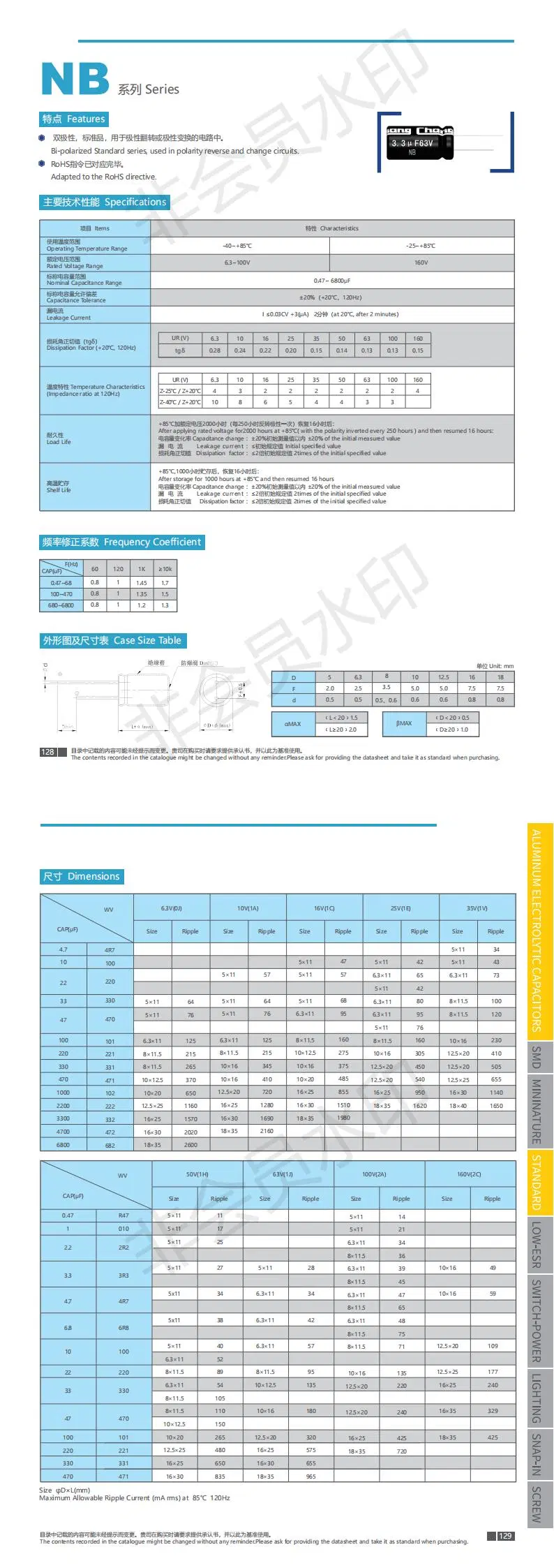 Aluminum electrolytic capacitor Radial Lead Type NB series 0.47UF~6800UF